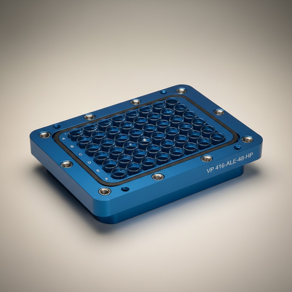 Blue metal 48-well microplate holder with circular wells and screws along the edges (lab equipment)