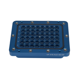 Blue 96-well microplate in a blue frame, wells labeled by rows A–F and columns 1–12, used for high-throughput assays.