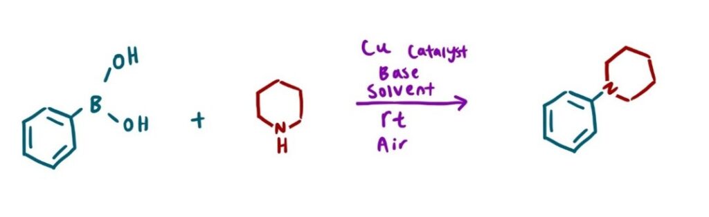 Cu-catalyzed aryl–aryl coupling: phenylboronic acid reacts with piperidine to form a phenyl–piperidine product at room temperature in air.