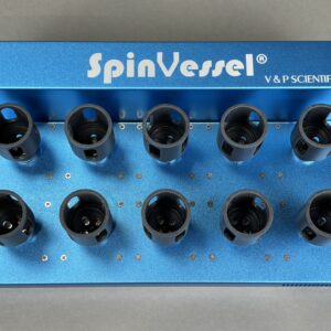 Blue lab rack with multiple black circular tube holders mounted on a metallic blue surface, branded SpinVessel by V&P Scientific, Inc.